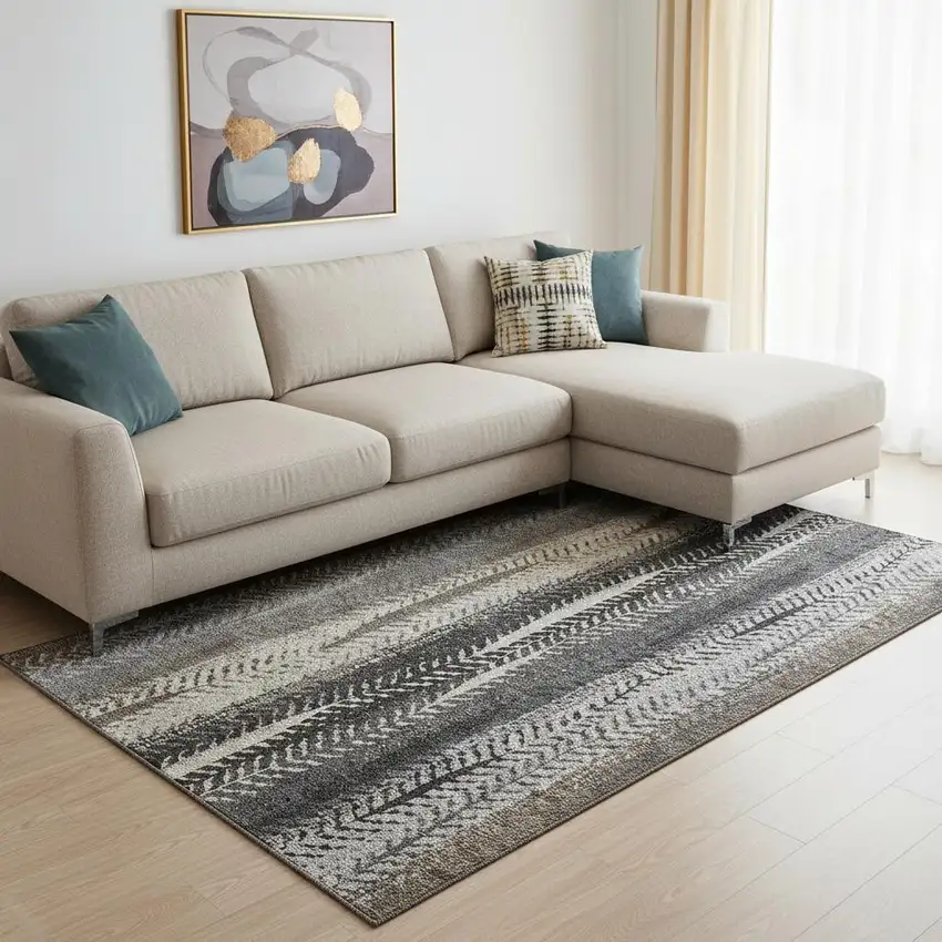 Brown Gray And Ivory Striped Washable Area Rug With UV Protection Photo 1