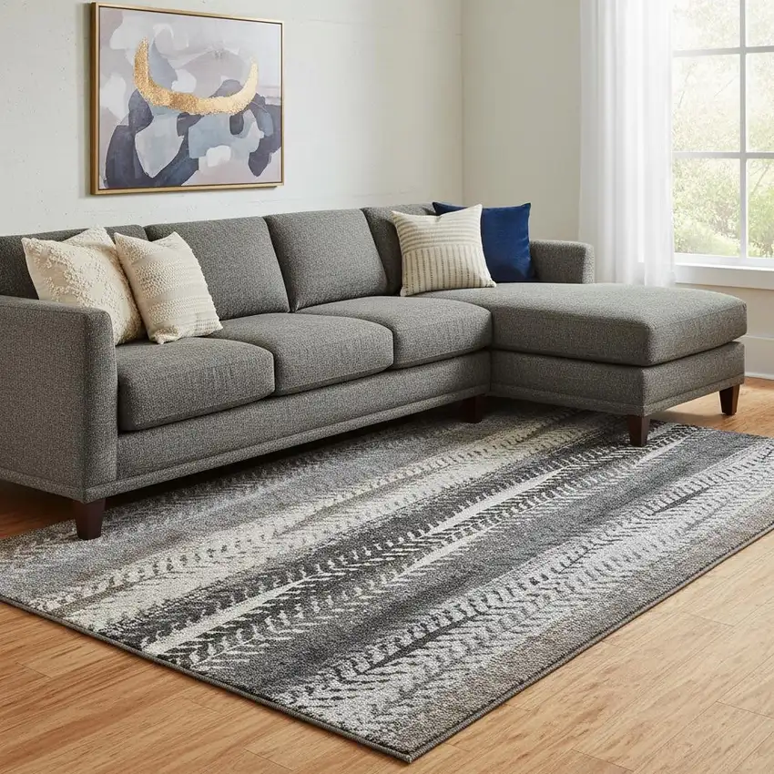 Brown Gray And Ivory Striped Washable Area Rug With UV Protection Photo 1