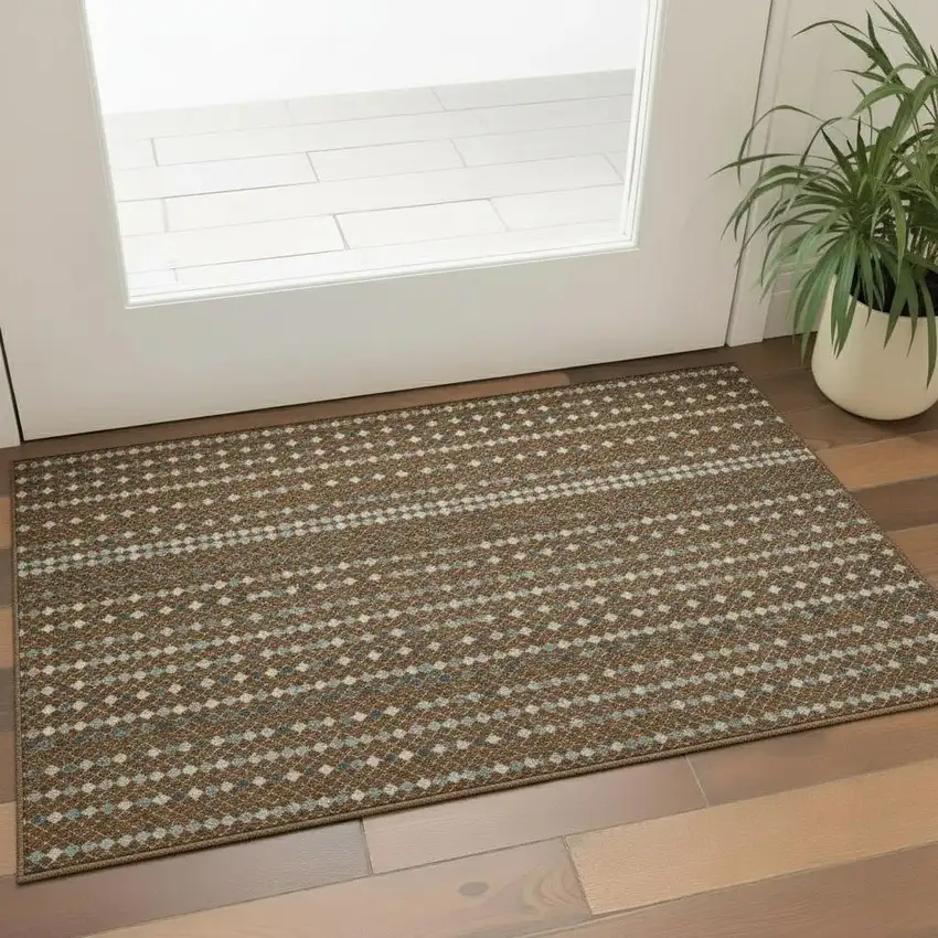 Brown Gray And Ivory Striped Washable Area Rug With UV Protection Photo 2