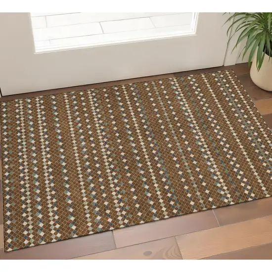 Brown Gray And Ivory Striped Washable Area Rug With UV Protection Photo 1