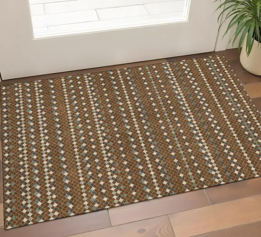 Brown Gray And Ivory Striped Washable Area Rug With UV Protection Photo 1
