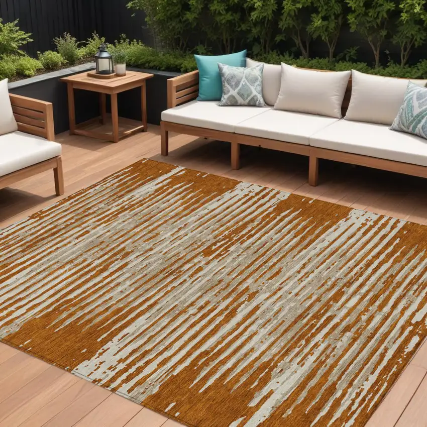 Brown Gray And Ivory Striped Washable Indoor Outdoor Area Rug Photo 1