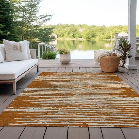 Brown Gray And Ivory Striped Washable Indoor Outdoor Area Rug Photo 7