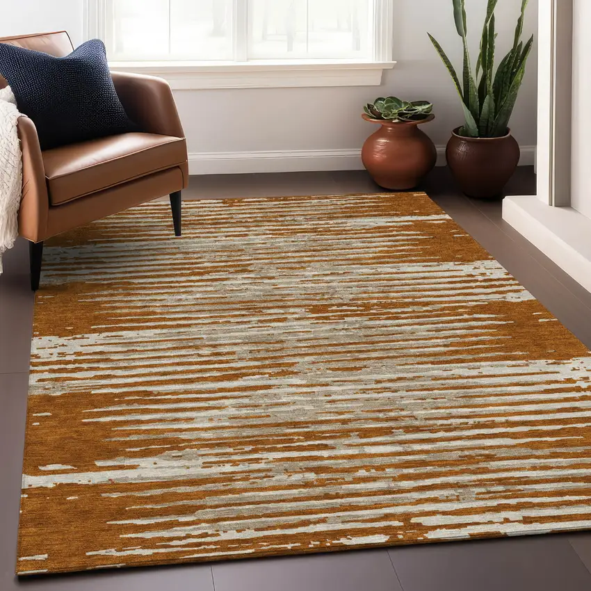 Brown Gray And Ivory Striped Washable Indoor Outdoor Area Rug Photo 8