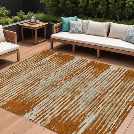 Brown Gray And Ivory Striped Washable Indoor Outdoor Area Rug Photo 1