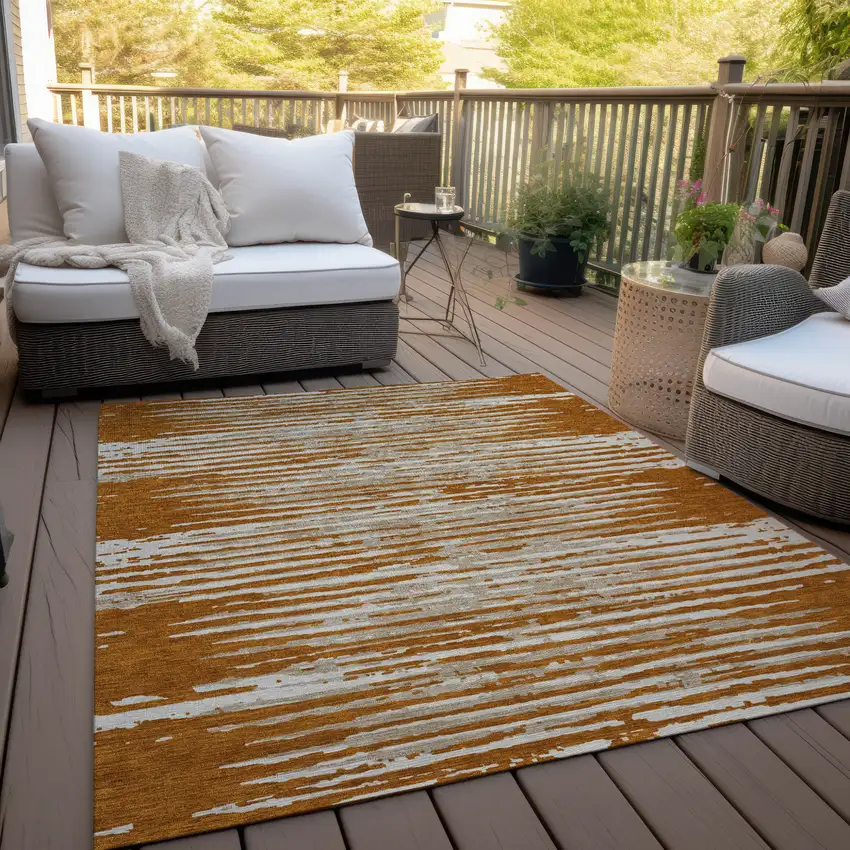 Brown Gray And Ivory Striped Washable Indoor Outdoor Area Rug Photo 9
