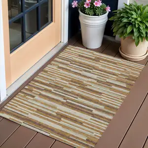 Photo of Brown Gray And Ivory Striped Washable Indoor Outdoor Area Rug