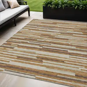 Photo of Brown Gray And Ivory Striped Washable Indoor Outdoor Area Rug