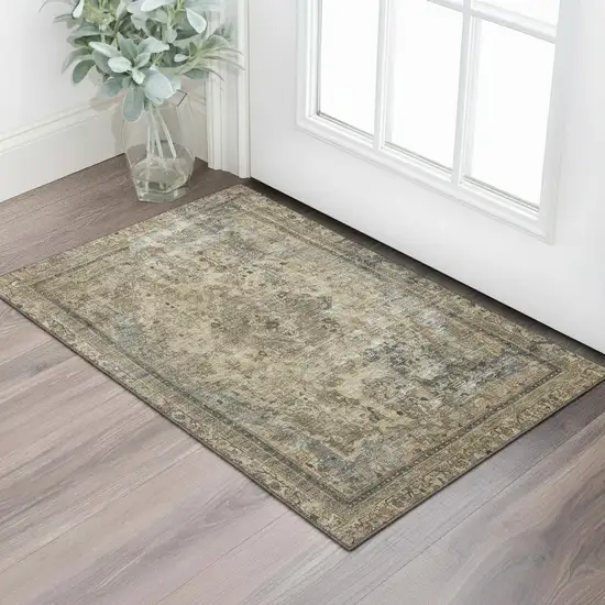Brown Gray And Silver Floral Medallion Washable Area Rug With UV Protection Photo 2
