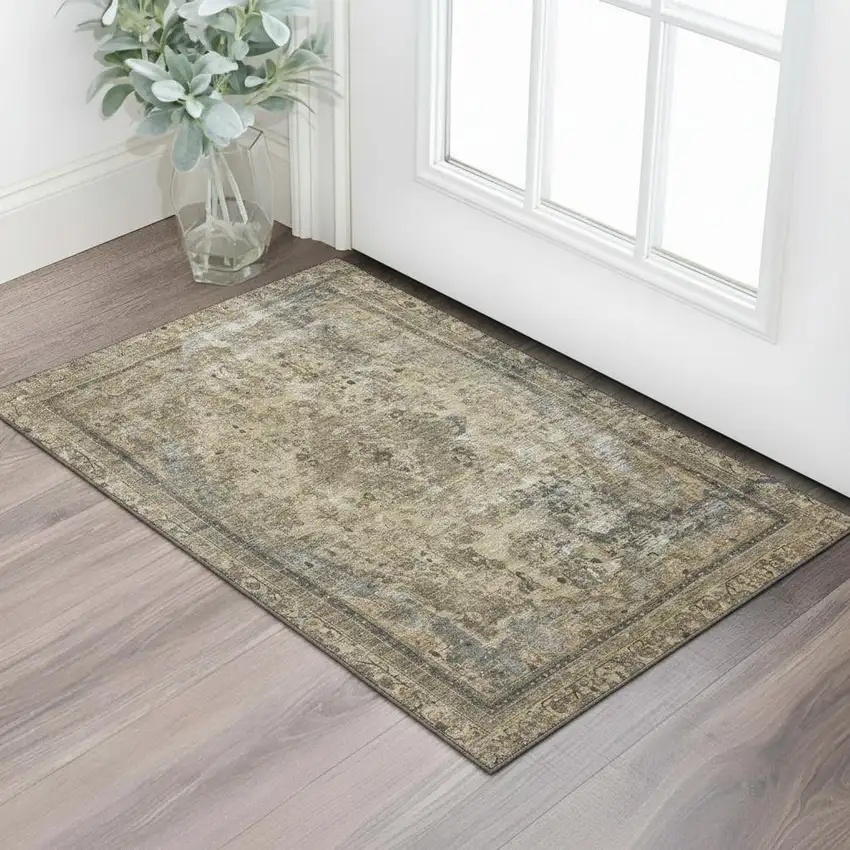 Brown Gray And Silver Floral Medallion Washable Area Rug With UV Protection Photo 2