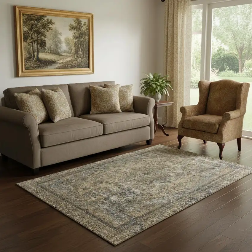 Brown Gray And Silver Floral Medallion Washable Area Rug With UV Protection Photo 2