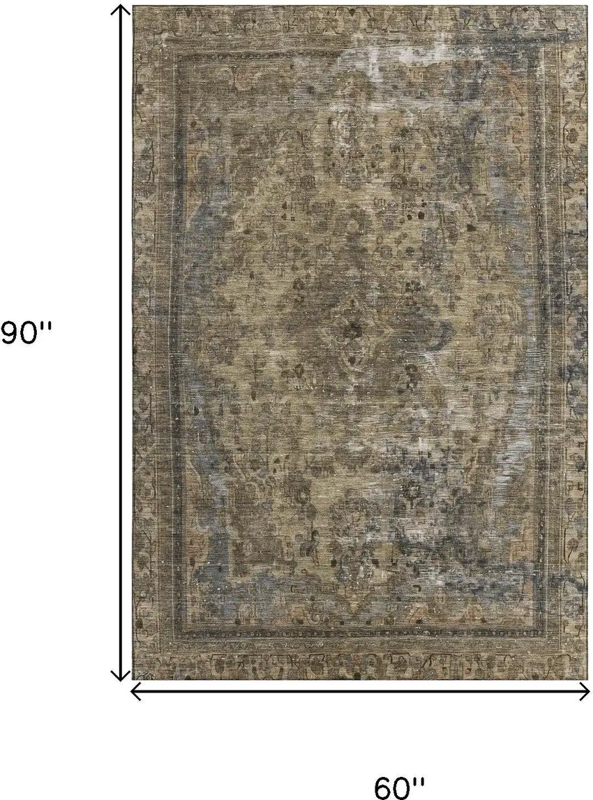Brown Gray And Silver Floral Medallion Washable Area Rug With UV Protection Photo 7