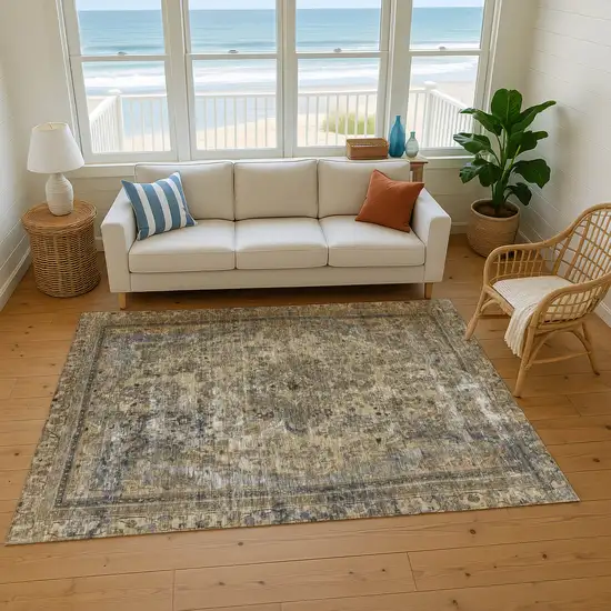 Brown Gray And Silver Floral Medallion Washable Area Rug With UV Protection Photo 6