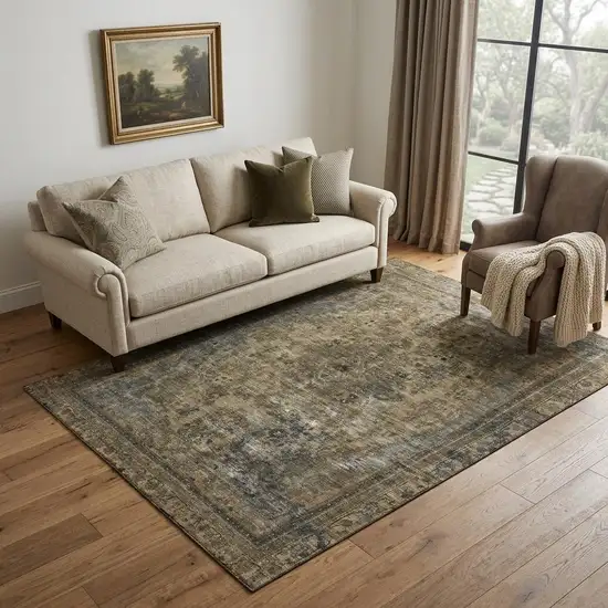 Brown Gray And Silver Floral Medallion Washable Area Rug With UV Protection Photo 1