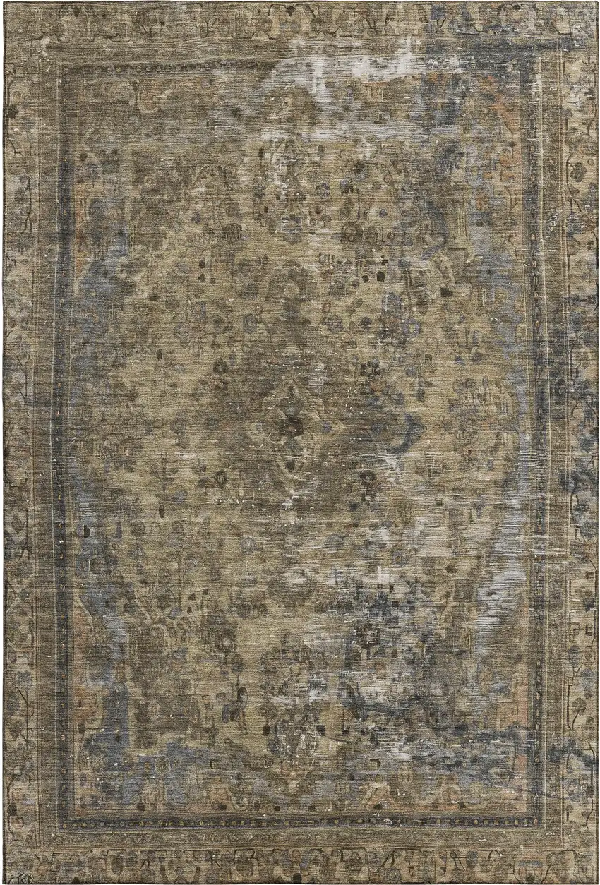 Brown Gray And Silver Floral Medallion Washable Area Rug With UV Protection Photo 1