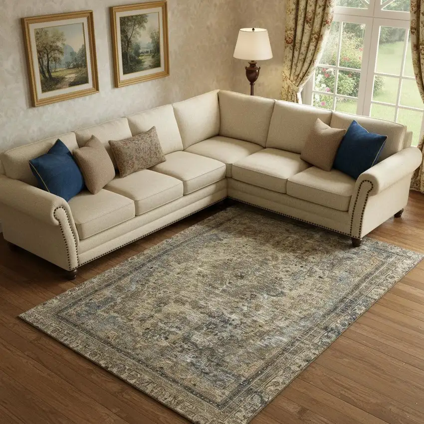 Brown Gray And Silver Floral Medallion Washable Area Rug With UV Protection Photo 2