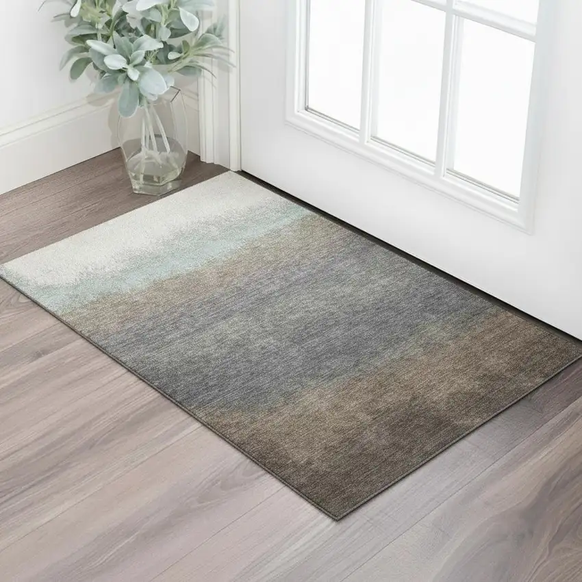 Brown Gray And Silver Ombre Washable Area Rug With UV Protection Photo 2