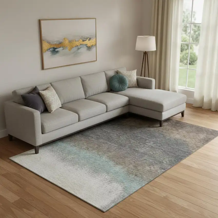 Brown Gray And Silver Ombre Washable Area Rug With UV Protection Photo 2