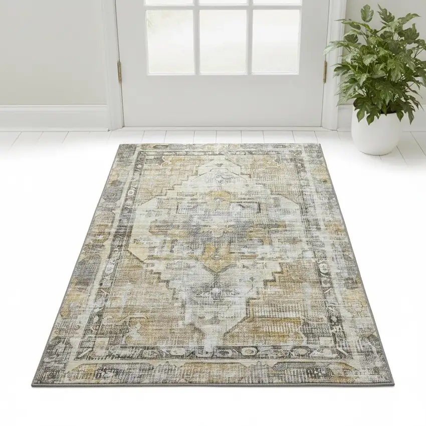 Brown Gray And Silver Oriental Washable Area Rug With UV Protection Photo 2