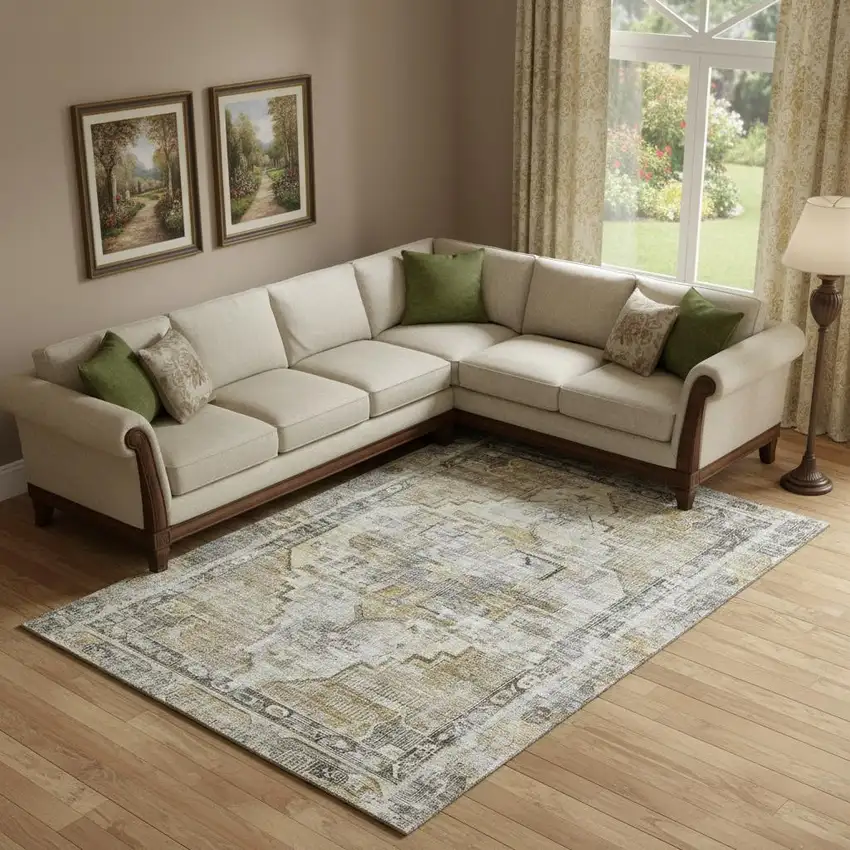 Brown Gray And Silver Oriental Washable Area Rug With UV Protection Photo 2