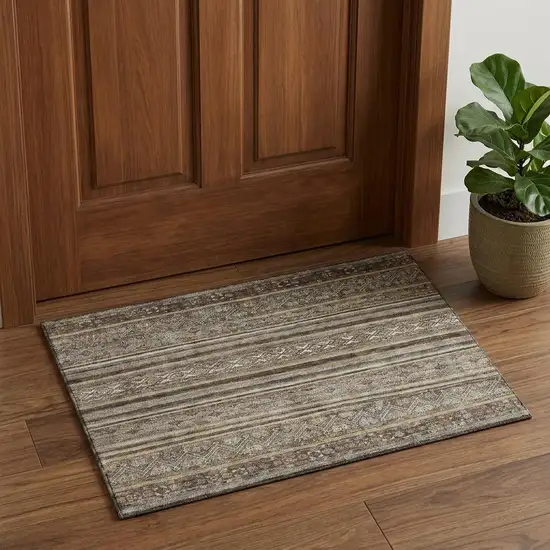 Brown Gray And Silver Striped Washable Area Rug With UV Protection Photo 1