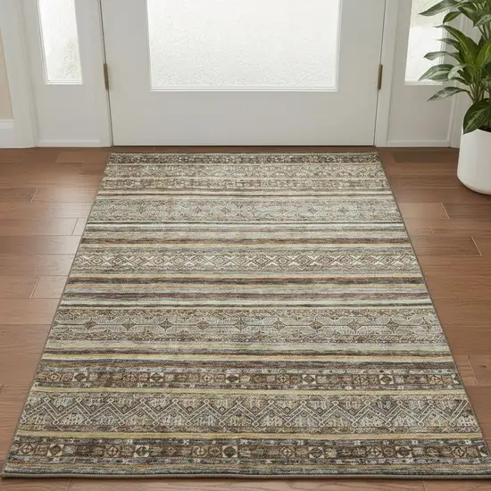 Brown Gray And Silver Striped Washable Area Rug With UV Protection Photo 2