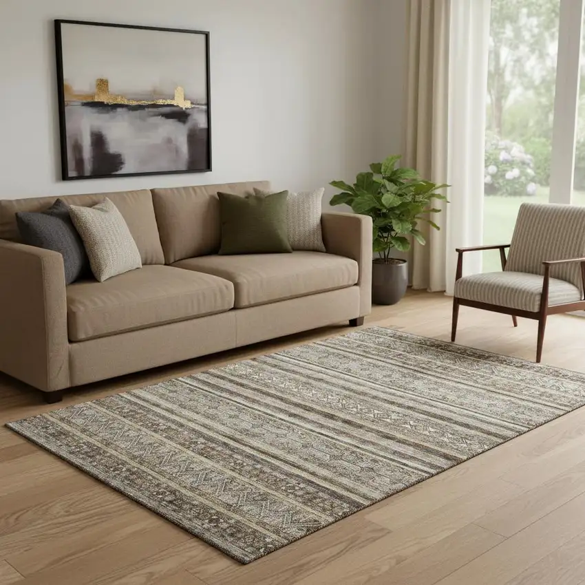 Brown Gray And Silver Striped Washable Area Rug With UV Protection Photo 2