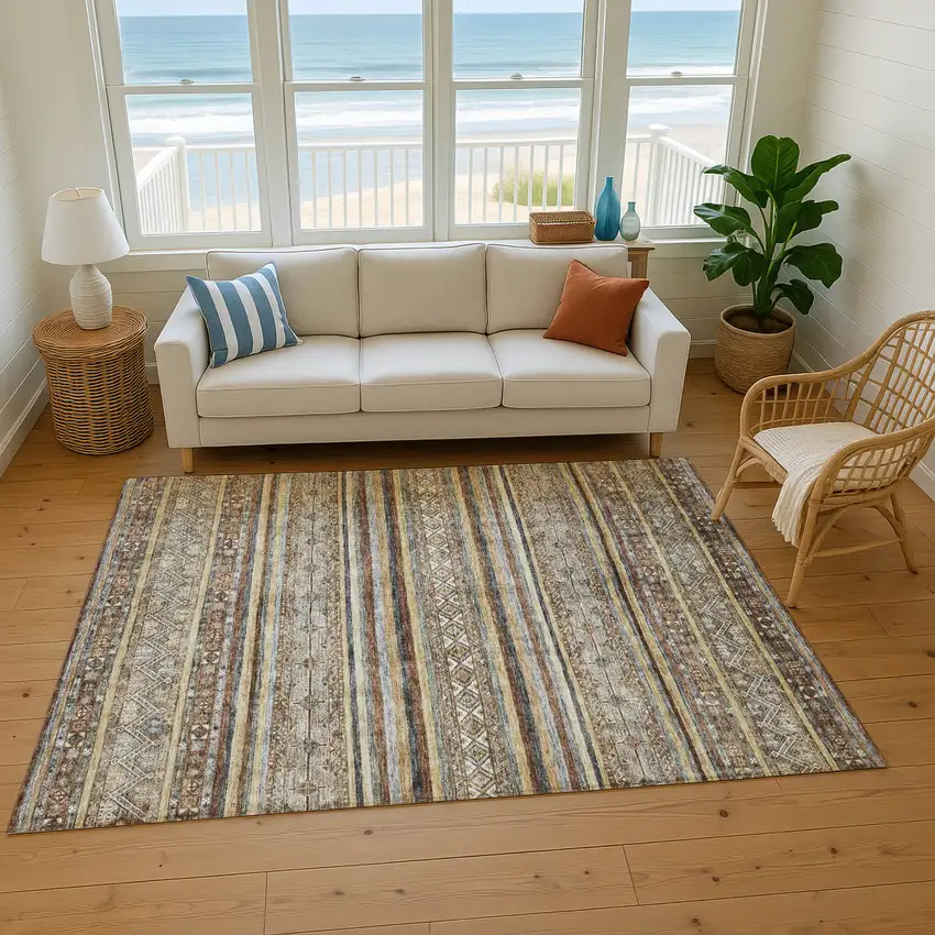 Brown Gray And Silver Striped Washable Area Rug With UV Protection Photo 5