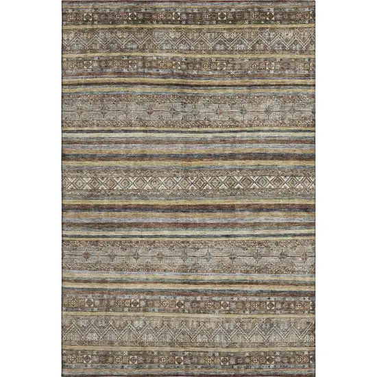 Brown Gray And Silver Striped Washable Area Rug With UV Protection Photo 1