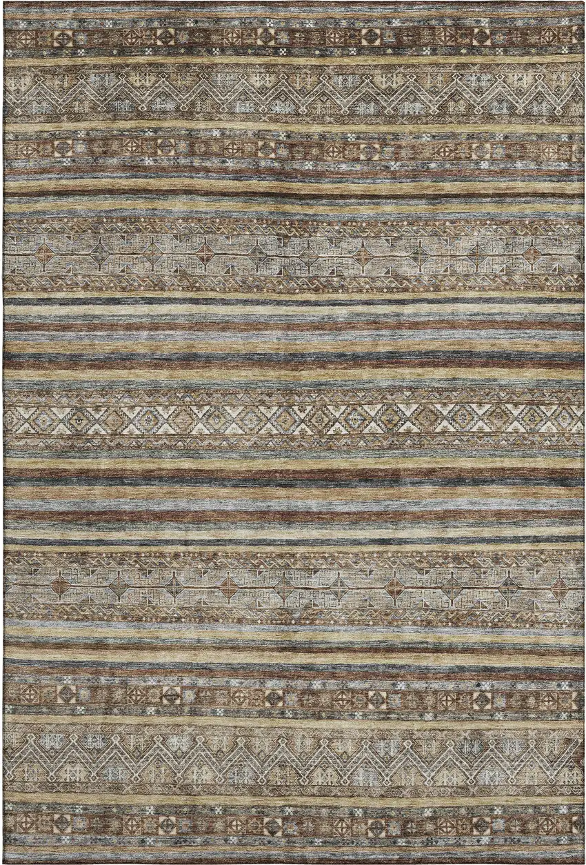 Brown Gray And Silver Striped Washable Area Rug With UV Protection Photo 1