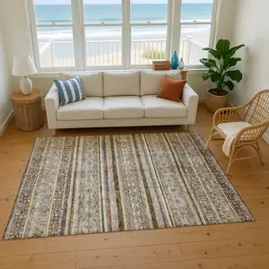 Photo of Brown Gray And Silver Striped Washable Area Rug With UV Protection