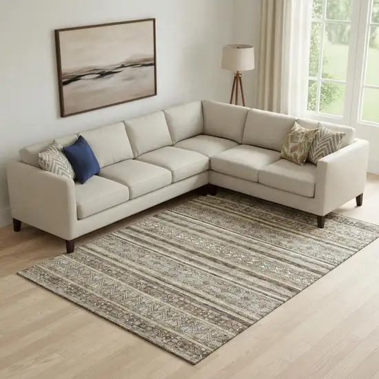 Brown Gray And Silver Striped Washable Area Rug With UV Protection Photo 2