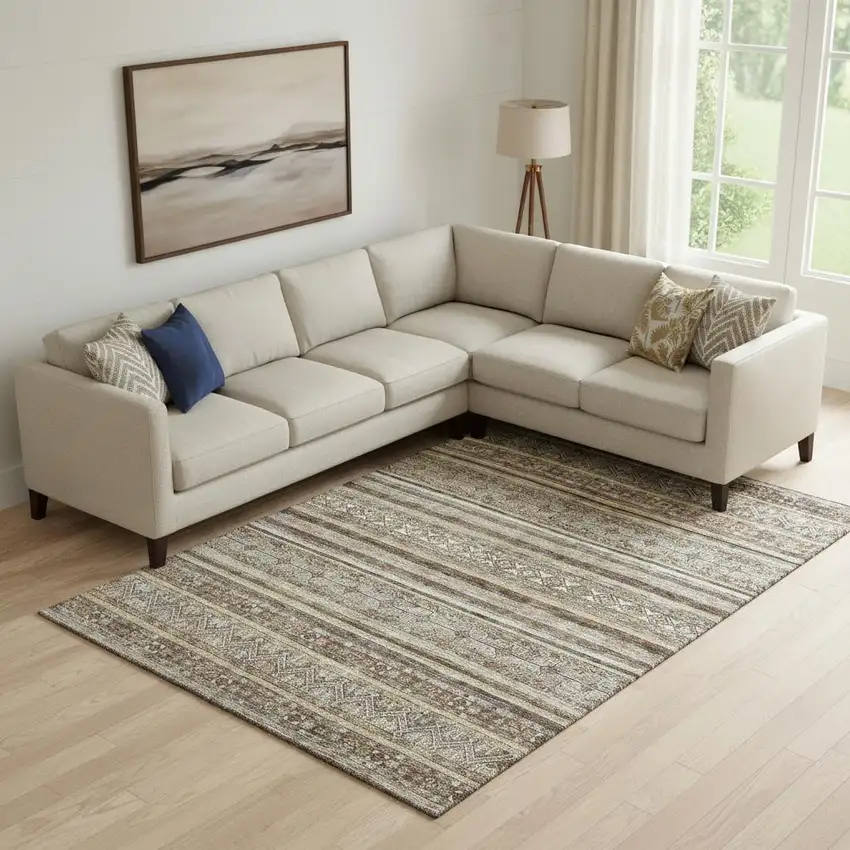 Brown Gray And Silver Striped Washable Area Rug With UV Protection Photo 2