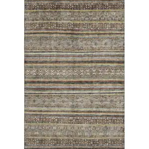 Photo of Brown Gray And Silver Striped Washable Area Rug With UV Protection