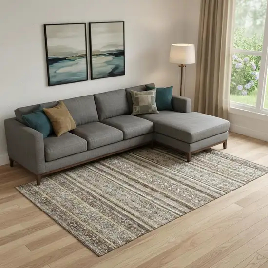 Brown Gray And Silver Striped Washable Area Rug With UV Protection Photo 2