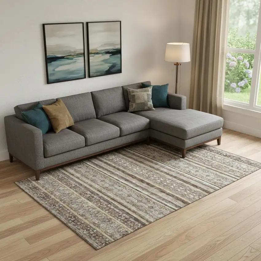 Brown Gray And Silver Striped Washable Area Rug With UV Protection Photo 2