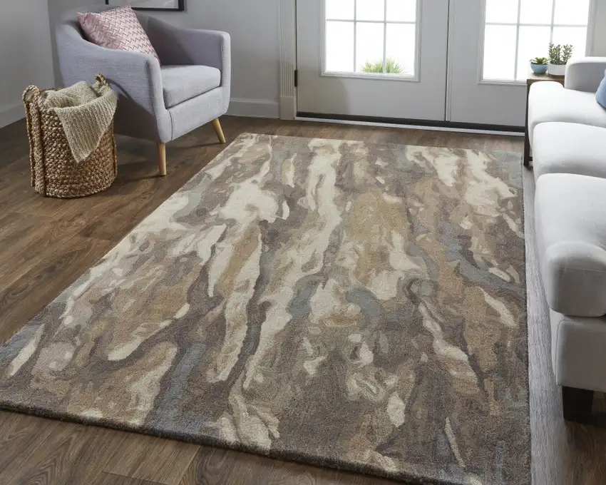 Brown Gray And Tan Wool Abstract Tufted Handmade Stain Resistant Area Rug Photo 4