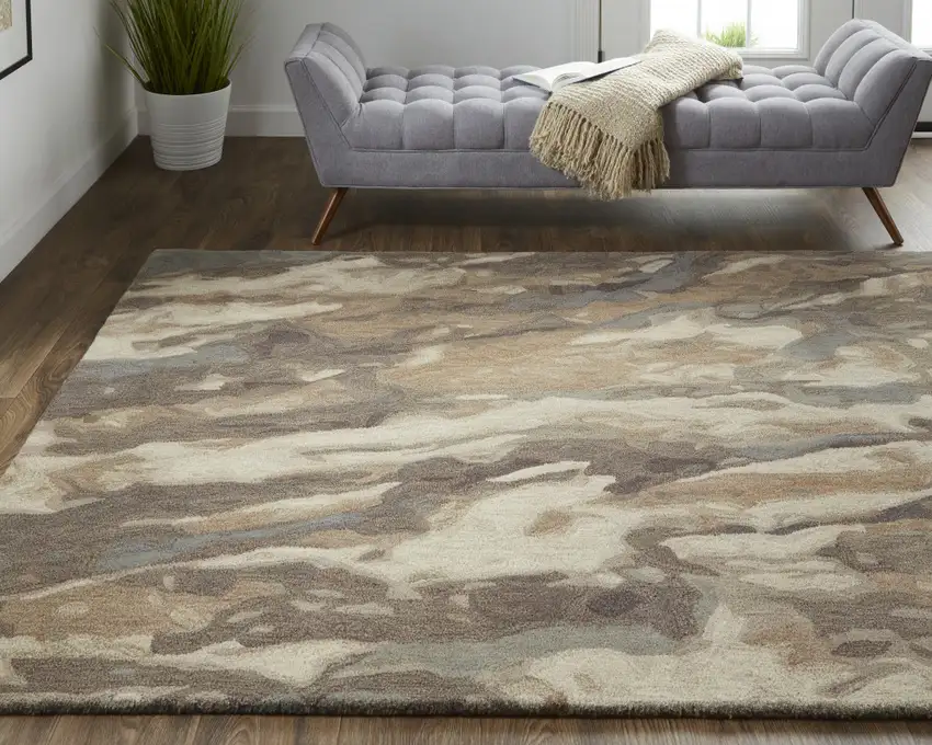 Brown Gray And Tan Wool Abstract Tufted Handmade Stain Resistant Area Rug Photo 6