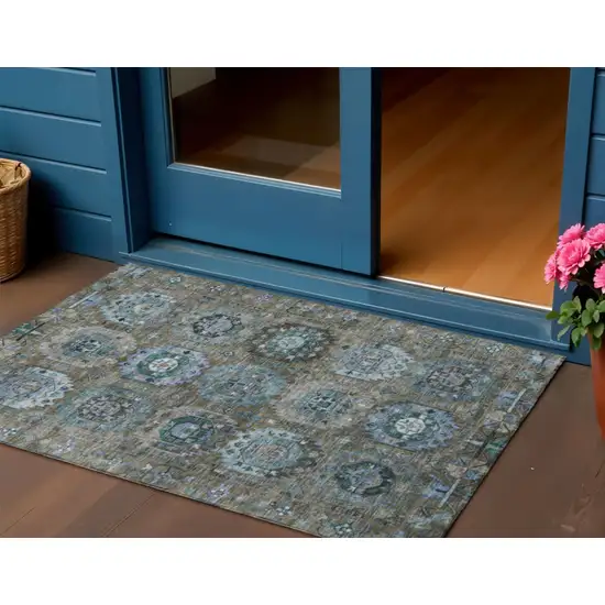 Brown Gray And Teal Blue Medallion Washable Indoor Outdoor Area Rug Photo 2