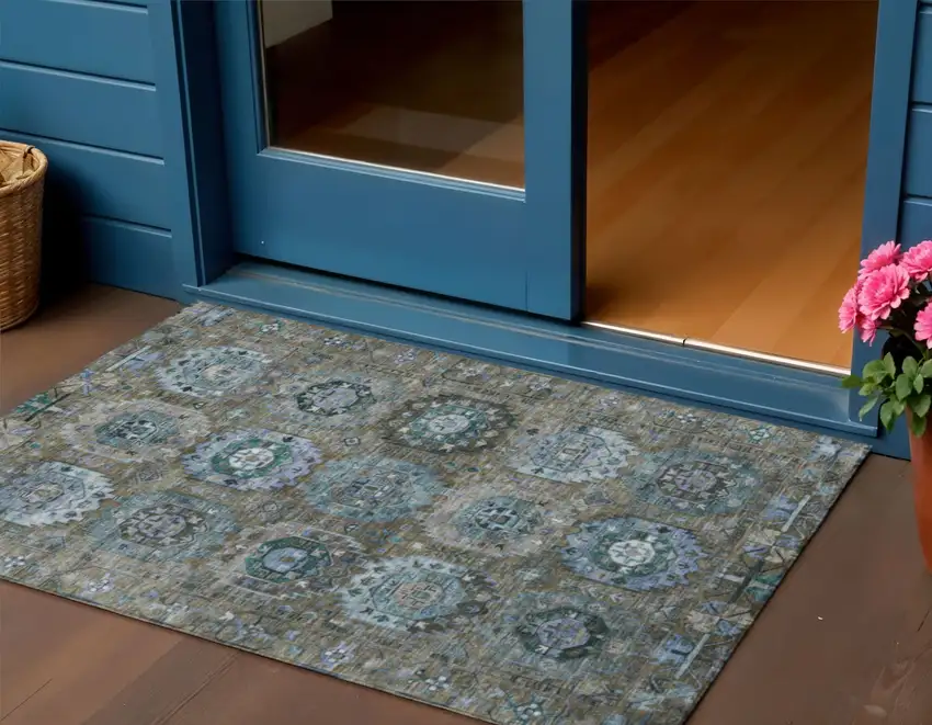 Brown Gray And Teal Blue Medallion Washable Indoor Outdoor Area Rug Photo 2
