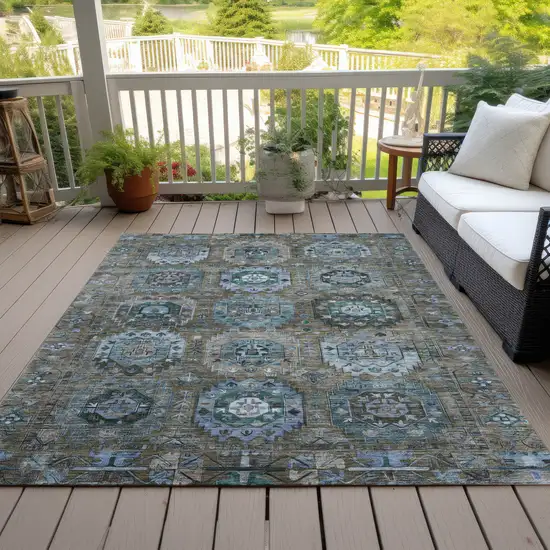 Brown Gray And Teal Blue Medallion Washable Indoor Outdoor Area Rug Photo 8