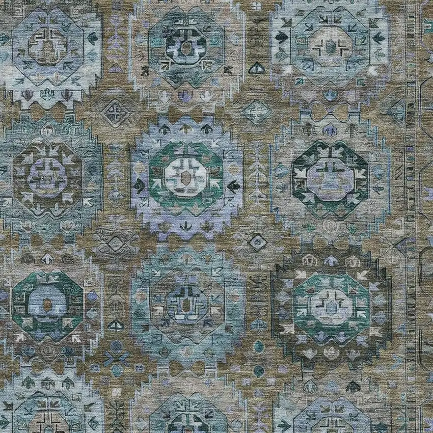 Brown Gray And Teal Blue Medallion Washable Indoor Outdoor Area Rug Photo 3