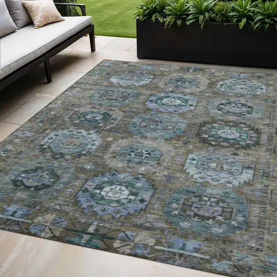 Brown Gray And Teal Blue Medallion Washable Indoor Outdoor Area Rug Photo 2