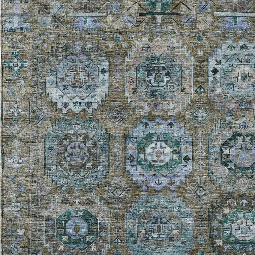 Brown Gray And Teal Blue Medallion Washable Indoor Outdoor Area Rug Photo 4