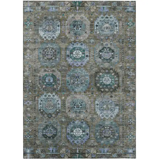Brown Gray And Teal Blue Medallion Washable Indoor Outdoor Area Rug Photo 1