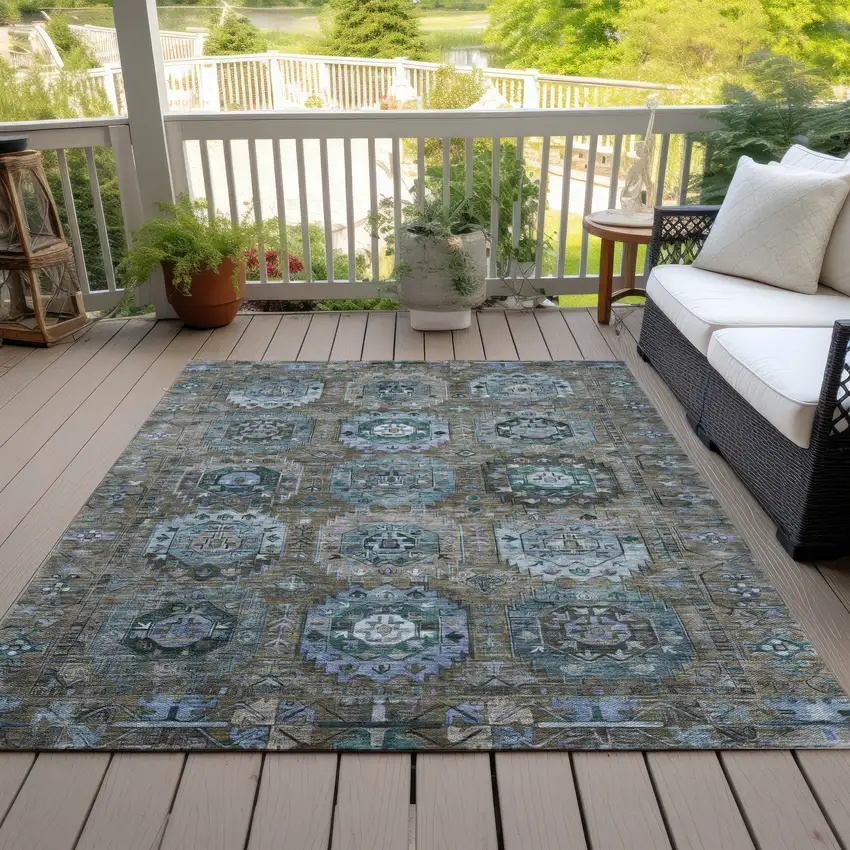 Brown Gray And Teal Blue Medallion Washable Indoor Outdoor Area Rug Photo 8
