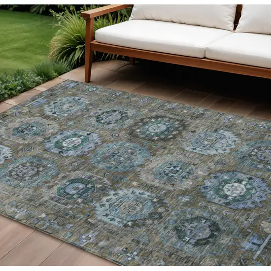 Brown Gray And Teal Blue Medallion Washable Indoor Outdoor Area Rug Photo 2