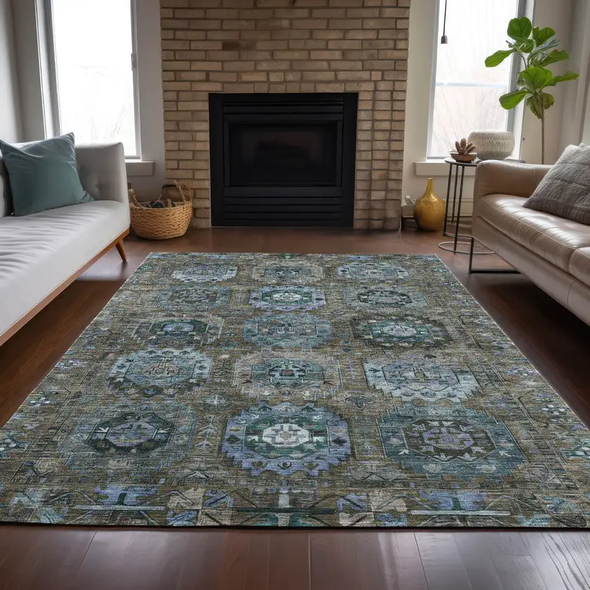 Brown Gray And Teal Blue Medallion Washable Indoor Outdoor Area Rug Photo 7