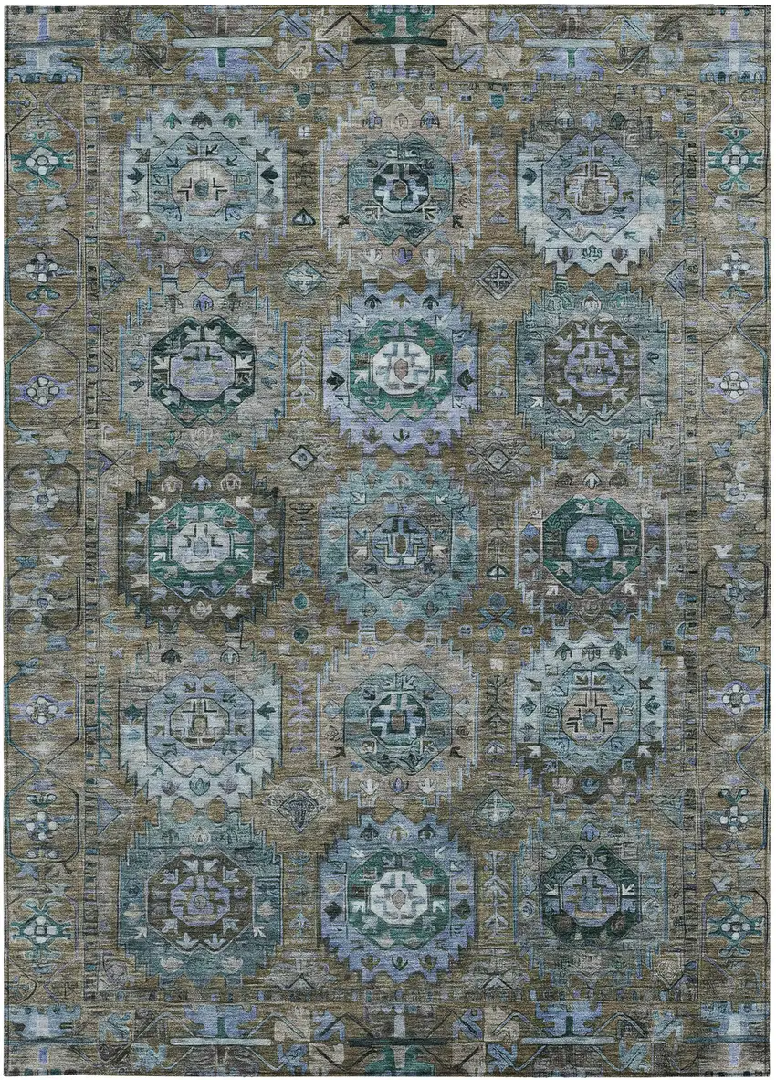 Brown Gray And Teal Blue Medallion Washable Indoor Outdoor Area Rug Photo 4