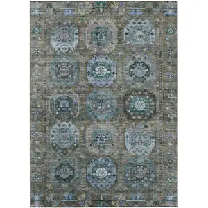 Photo of Brown Gray And Teal Blue Medallion Washable Indoor Outdoor Area Rug